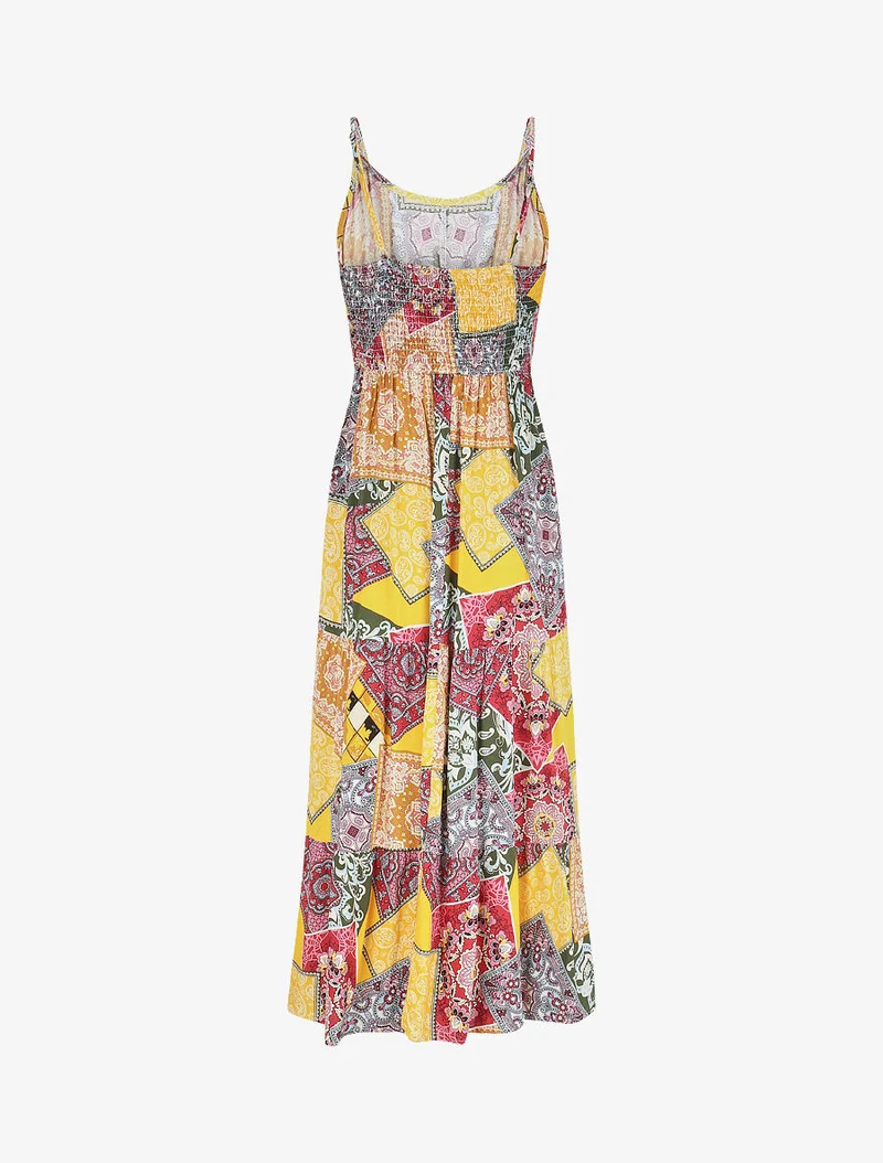 Robe longue motif patchwork à fines bretelles - Jaune