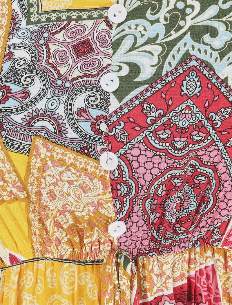 Robe longue motif patchwork à fines bretelles - Jaune