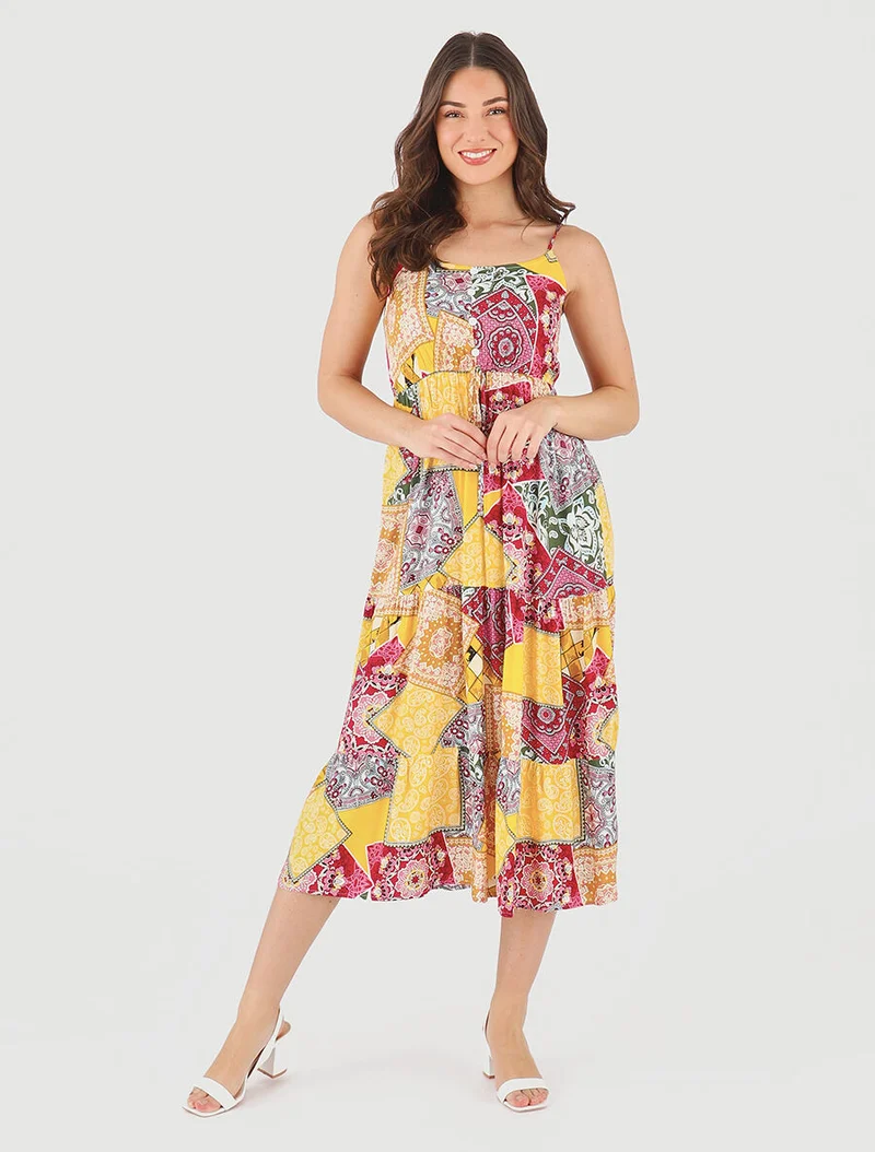 Robe longue motif patchwork à fines bretelles - Jaune