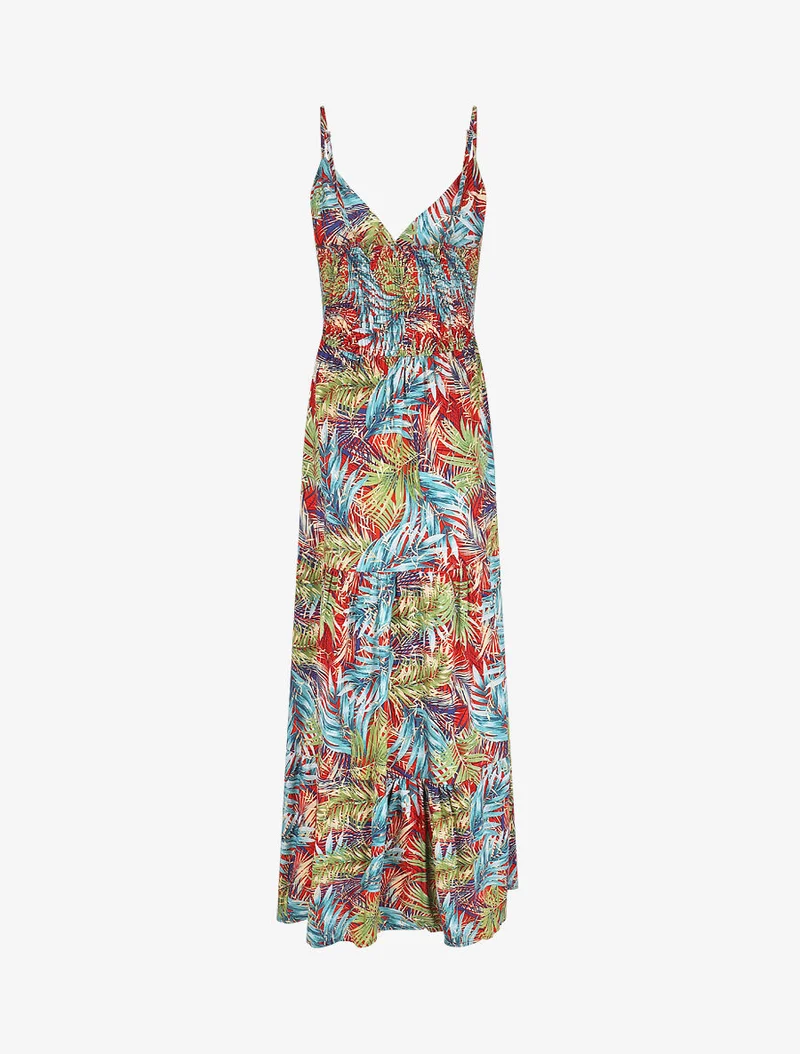Robe longue à bretelles imprimé tropical irisé - Rouge/vert