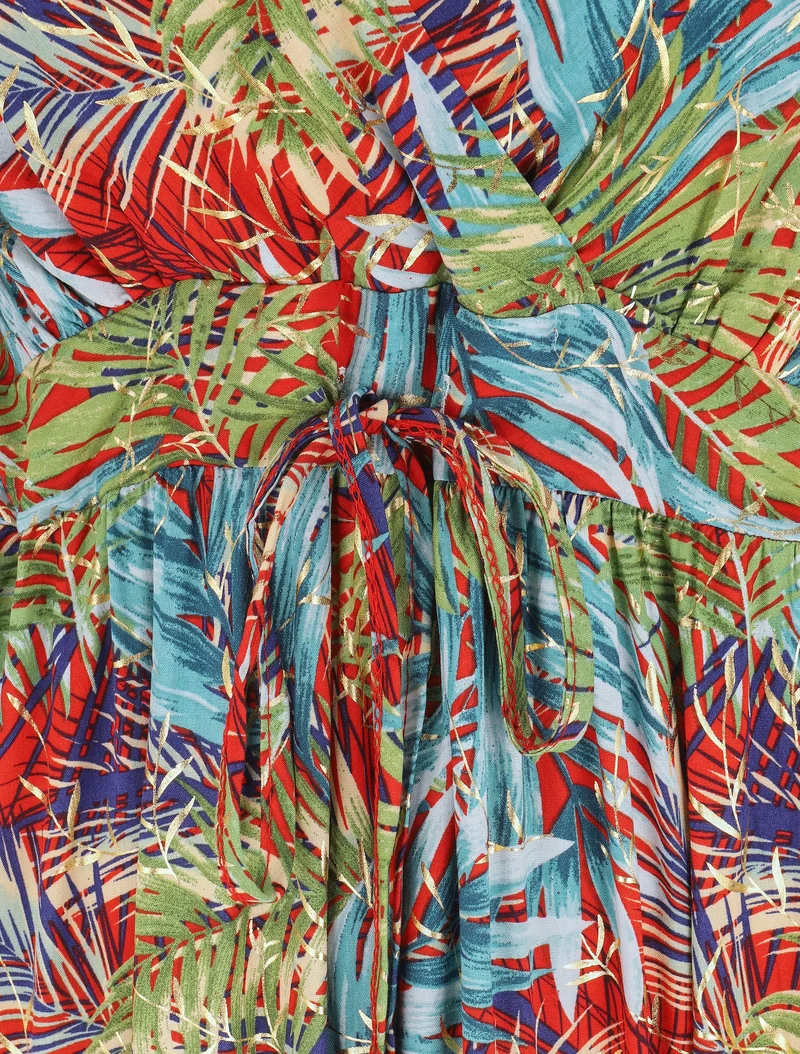 Robe longue à bretelles imprimé tropical irisé - Rouge/vert