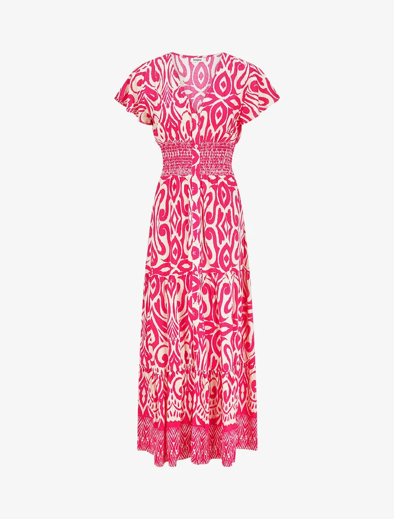 Robe longue à manches courtes imprimé graphique - Fuchsia