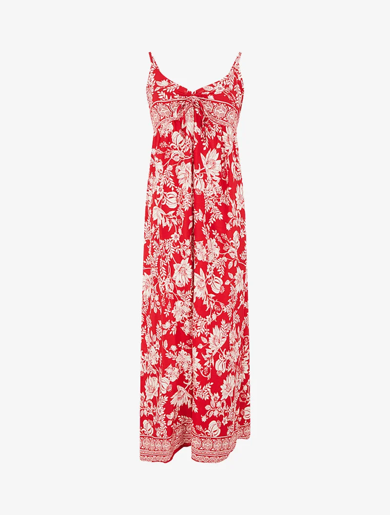 Robe longue empire à liens imprimé à fleurs - Rouge