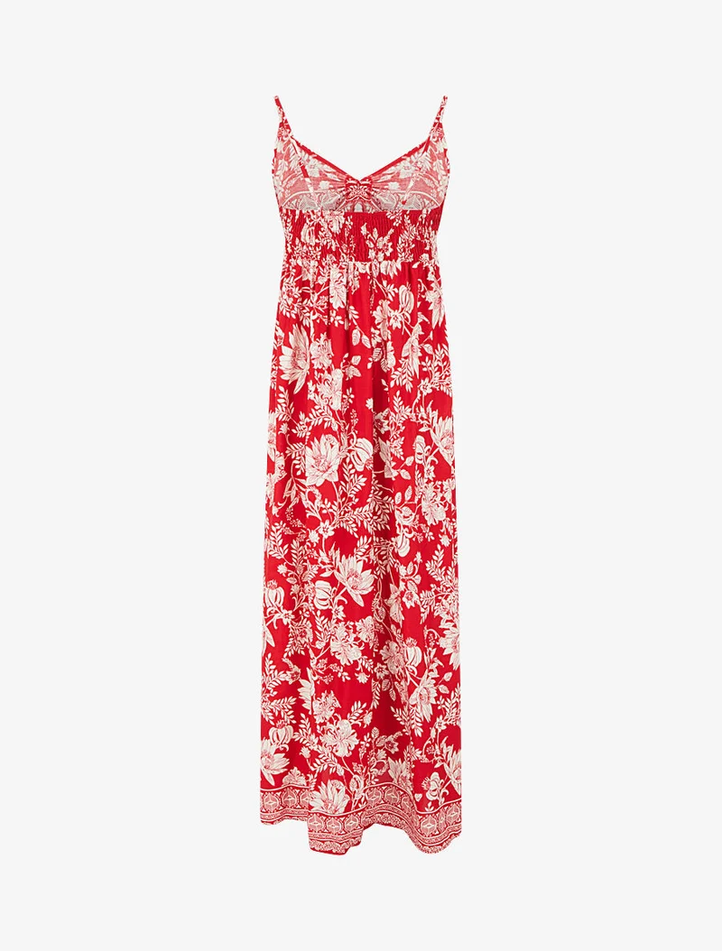 Robe longue empire à liens imprimé à fleurs - Rouge