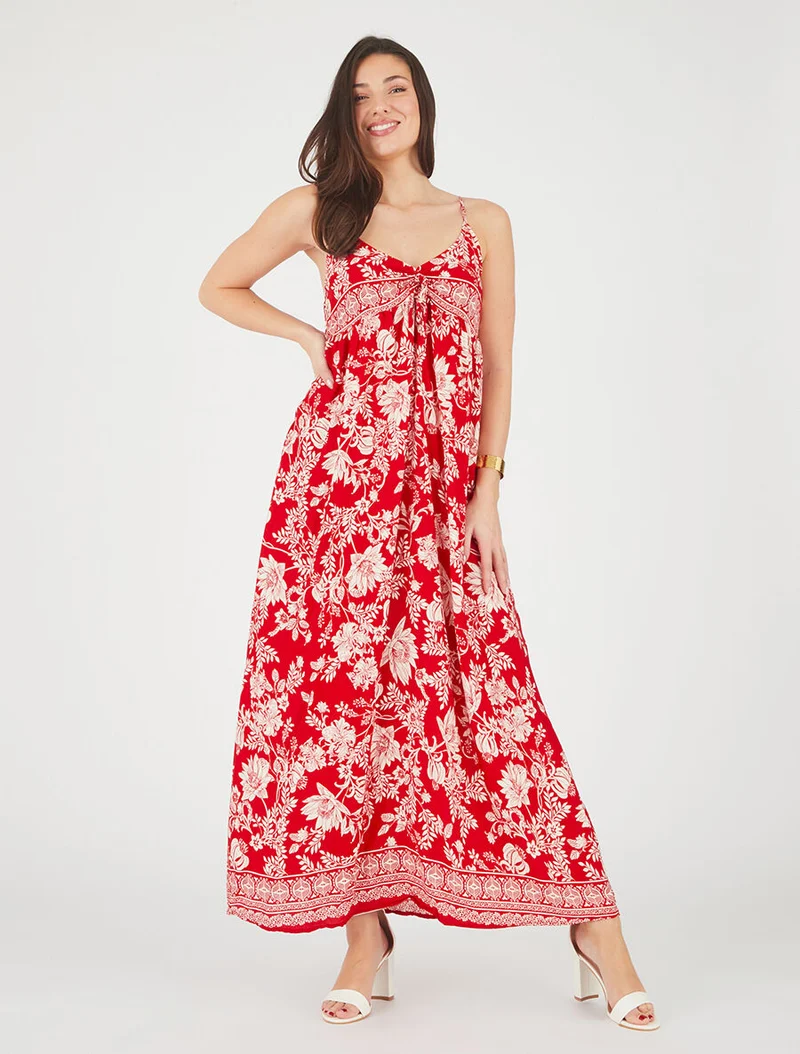Robe longue empire à liens imprimé à fleurs - Rouge