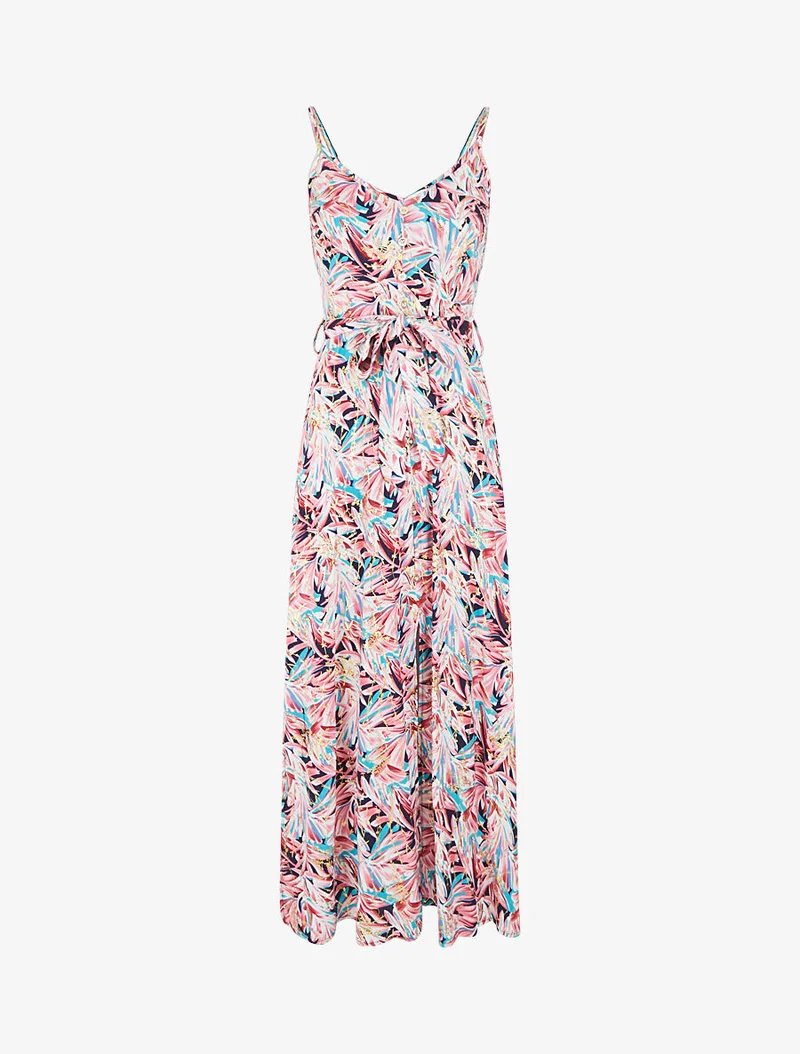 Robe longue évasée à fines bretelles imprimé tropical - Marine/rose