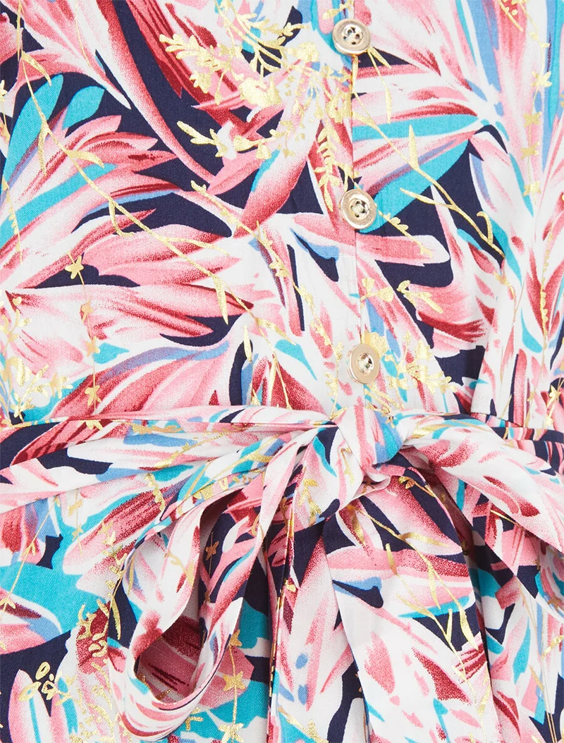 Robe longue évasée à fines bretelles imprimé tropical - Marine/rose
