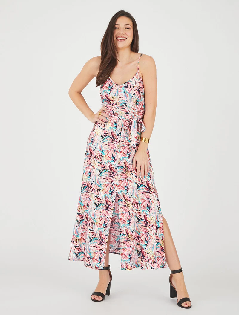 Robe longue évasée à fines bretelles imprimé tropical - Marine/rose