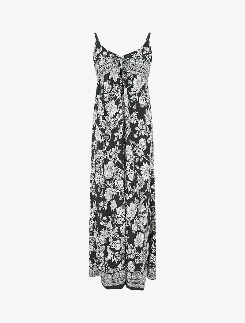 Robe longue empire à liens imprimé à fleurs - Noir