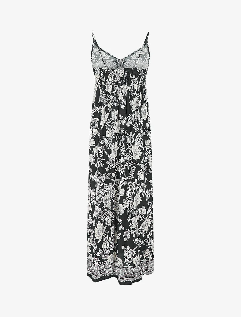 Robe longue empire à liens imprimé à fleurs - Noir