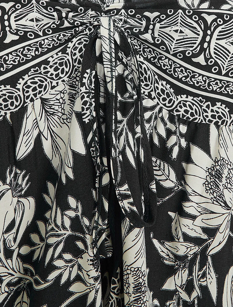 Robe longue empire à liens imprimé à fleurs - Noir