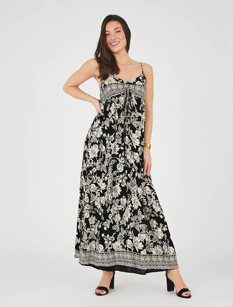 Robe longue empire à liens imprimé à fleurs - Noir
