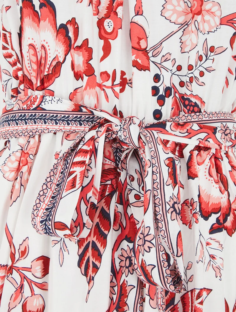 Robe mi-longue évasée imprimé floral - Rouge