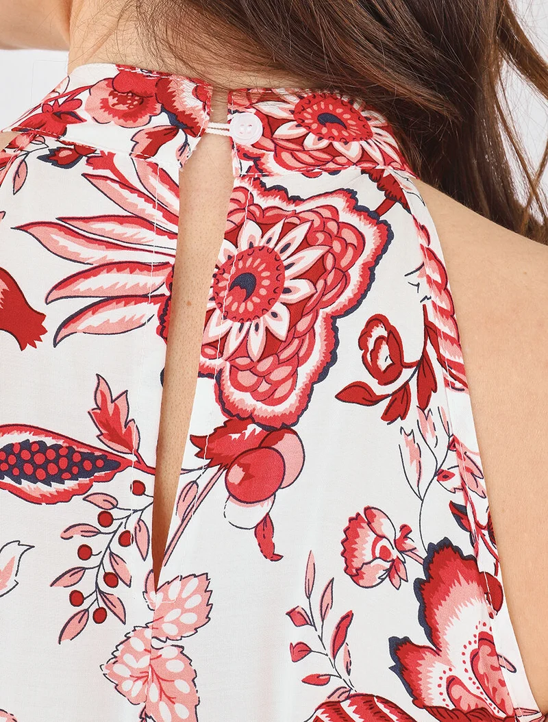 Robe mi-longue évasée imprimé floral - Rouge