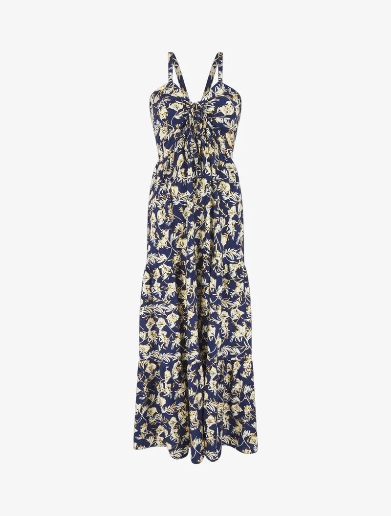 Robe longue évasée imprimé fleur irisé à bretelles - Marine