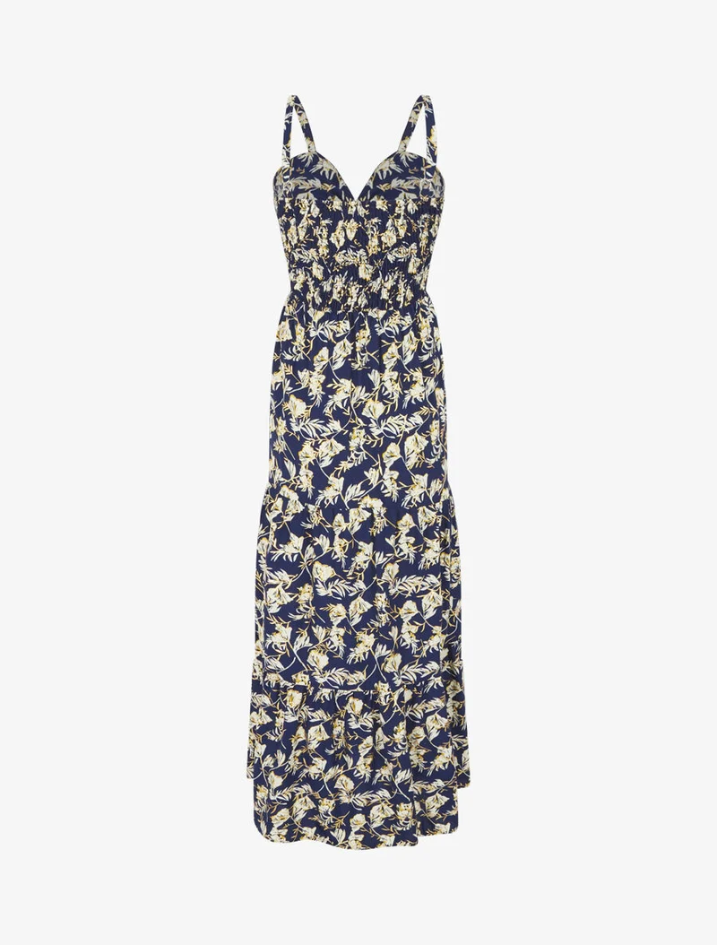 Robe longue évasée imprimé fleur irisé à bretelles - Marine