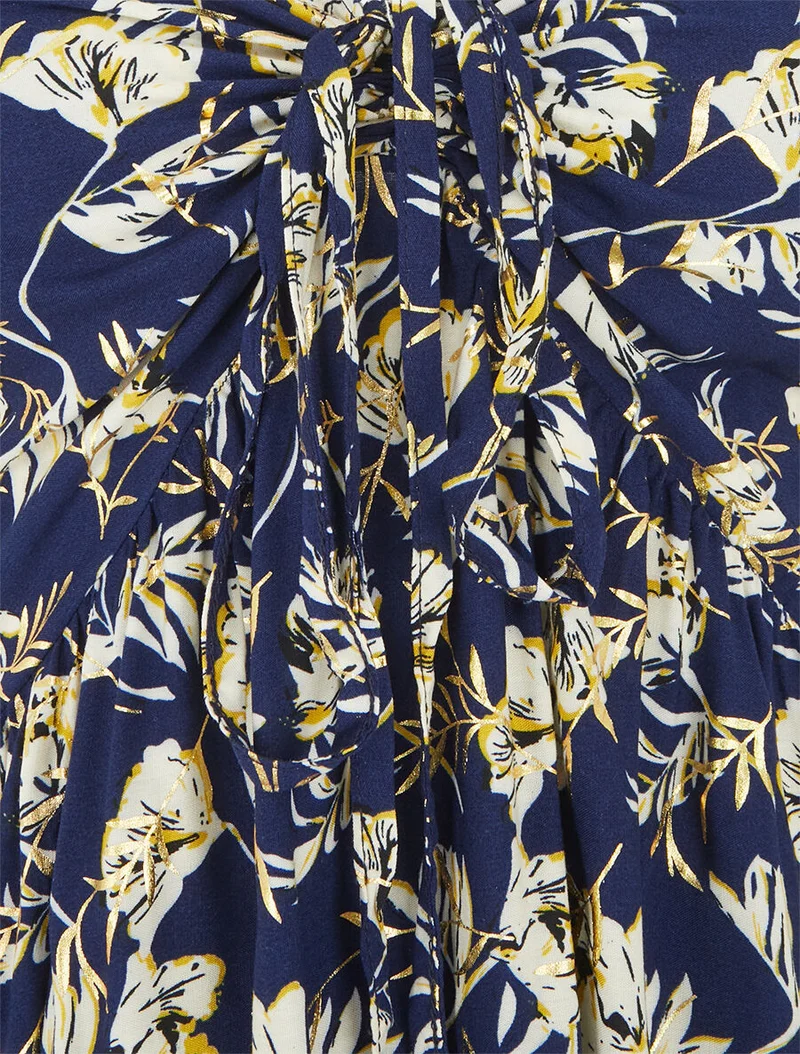 Robe longue évasée imprimé fleur irisé à bretelles - Marine