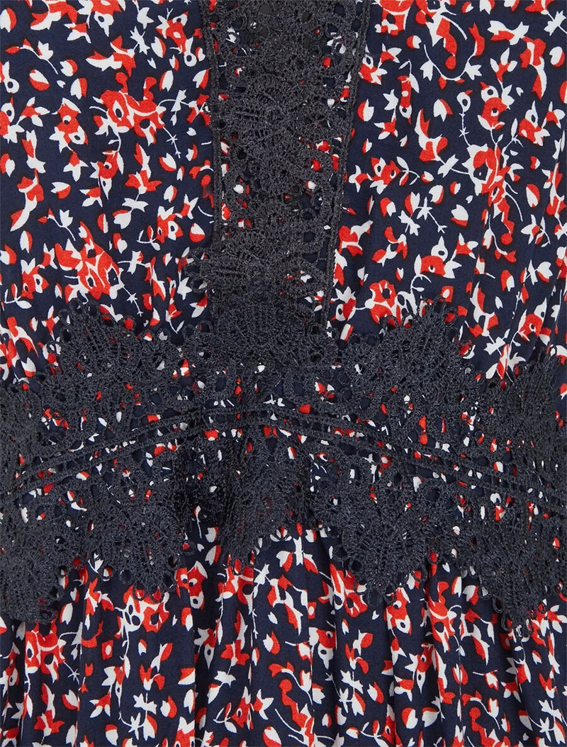 Robe longue fleuri à detail broderies - Marine