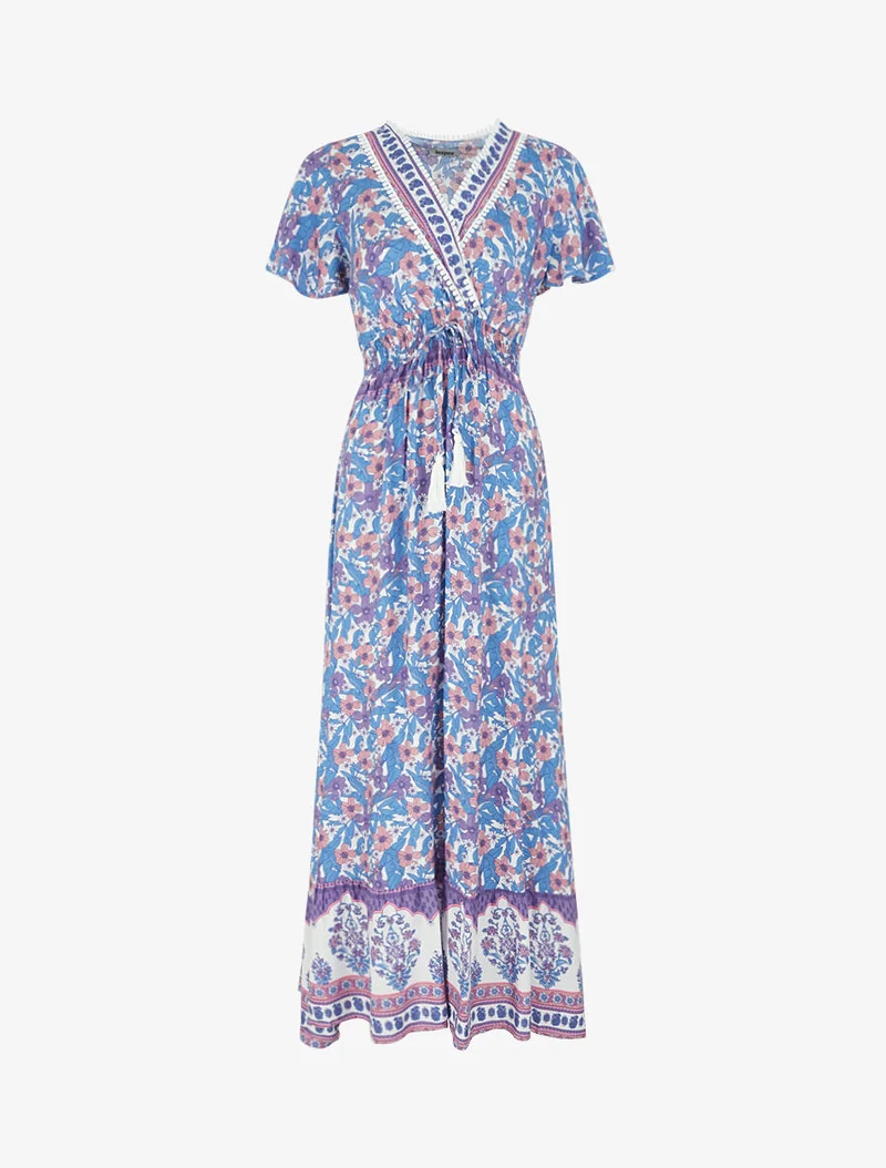 Robe fleurie à cordons de serrage - Bleu