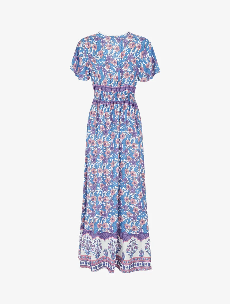 Robe fleurie à cordons de serrage - Bleu