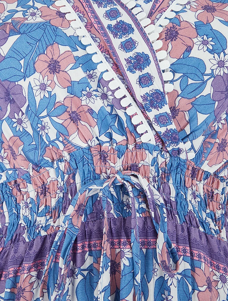 Robe fleurie à cordons de serrage - Bleu