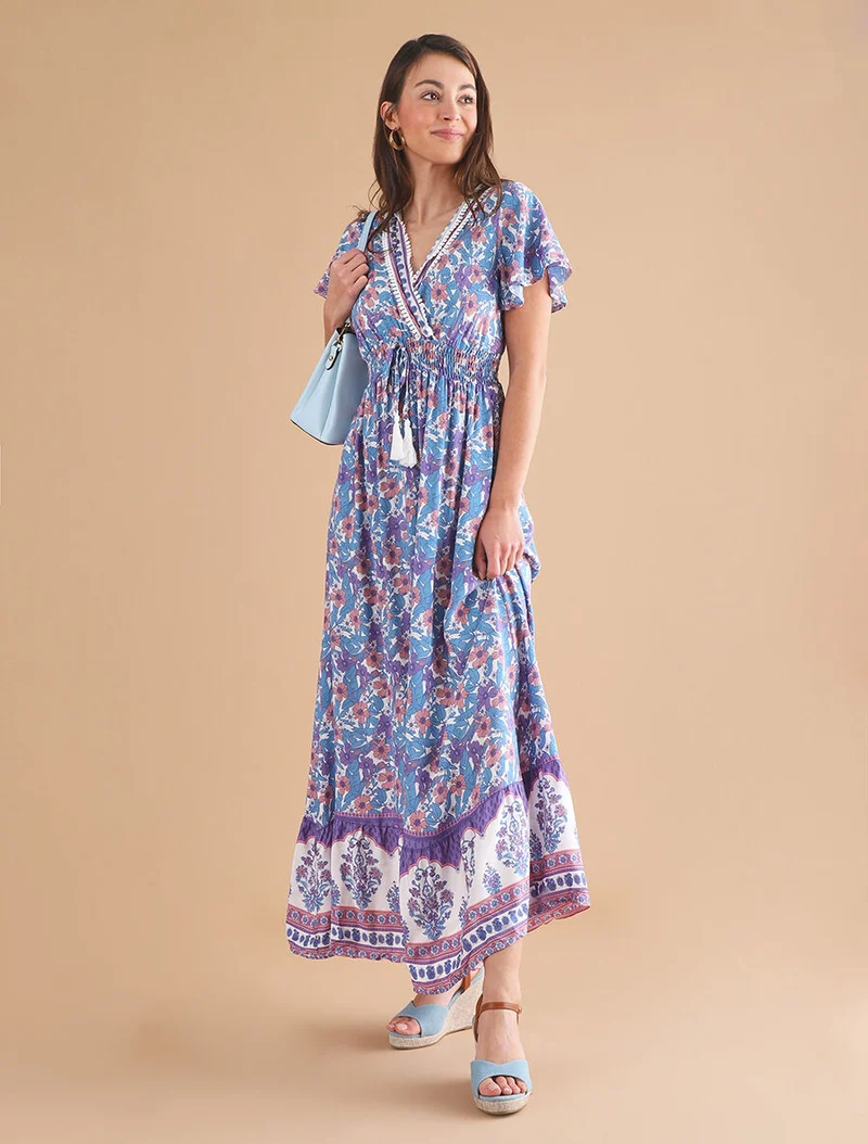 Robe fleurie à cordons de serrage - Bleu