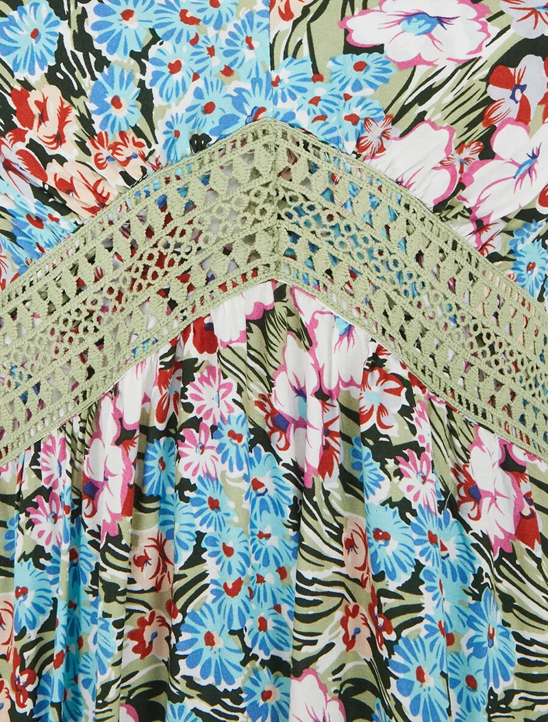 Robe longue fleuri à col V - Vert