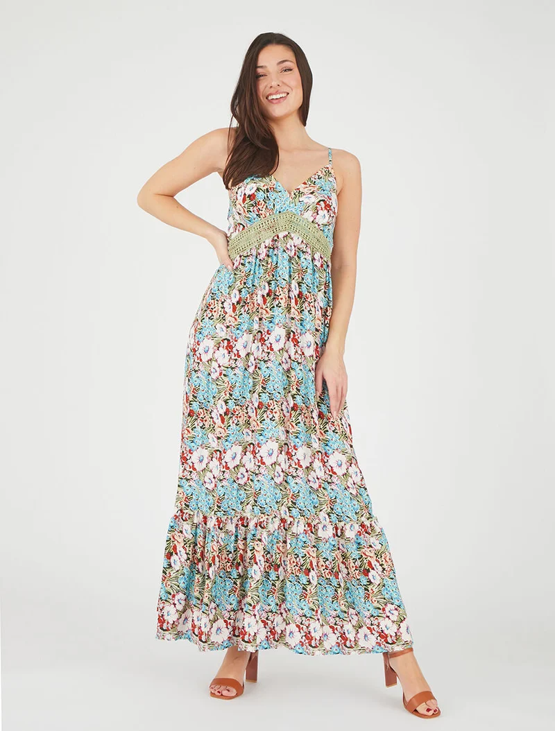 Robe longue fleuri à col V - Vert
