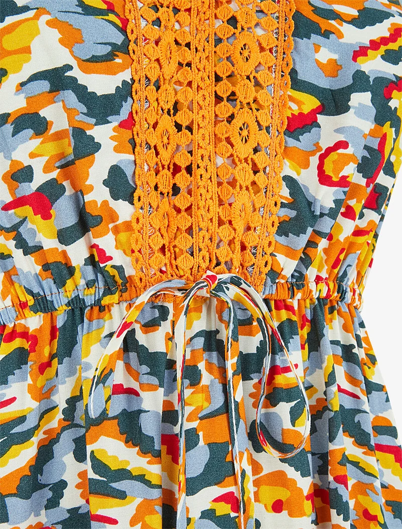 Robe mi-longue imprimé abstrait à cordons de serrage - Orange