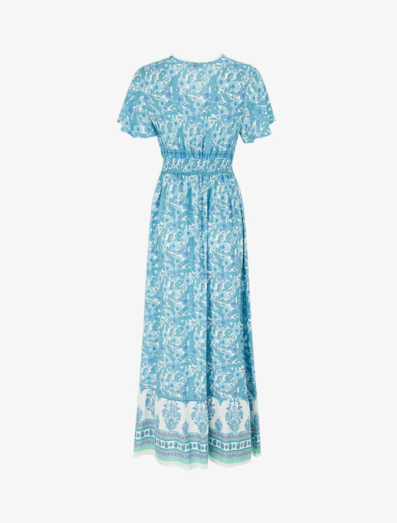 Robe fleurie à cordons de serrage - Bleu ciel