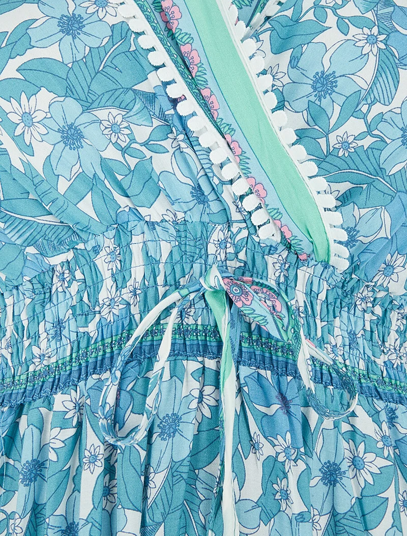 Robe fleurie à cordons de serrage - Bleu ciel