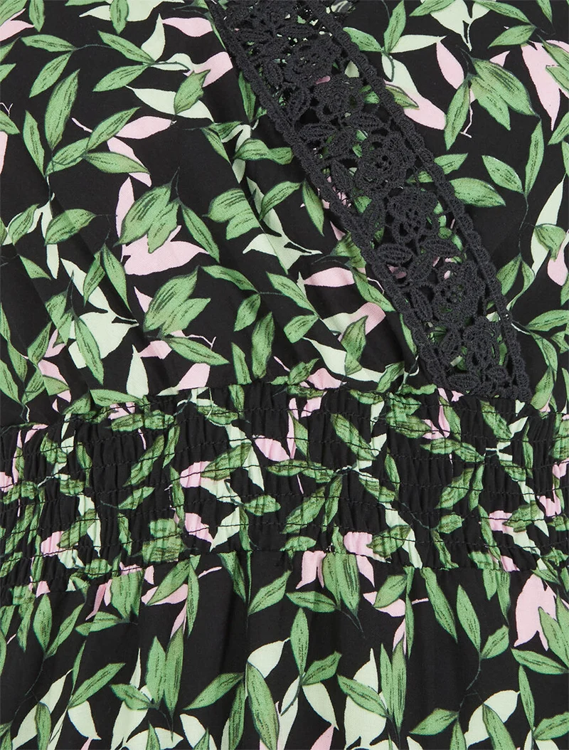 Robe imprimé petites feuilles à col cache-coeur - Noir