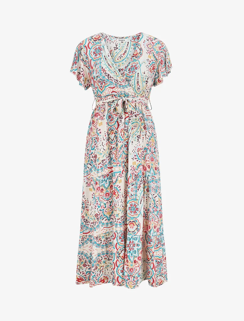 Robe longues motif floral à mancherons - Bleu canard