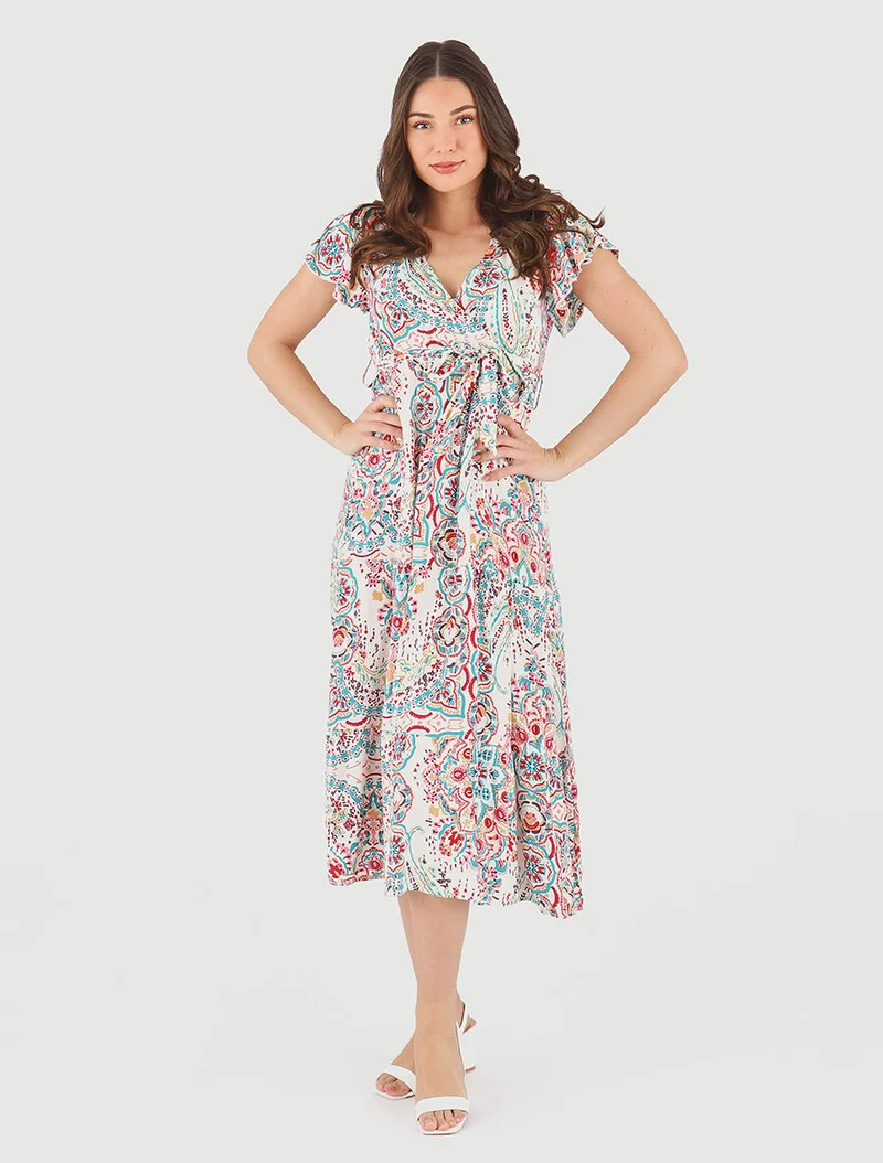 Robe longues motif floral à mancherons - Bleu canard