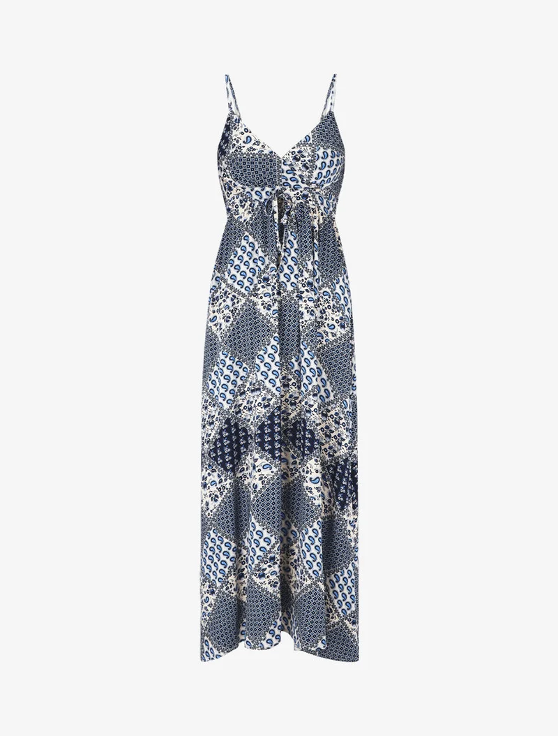 Robe longue à fines bretelles imprimé foulard - Bleu