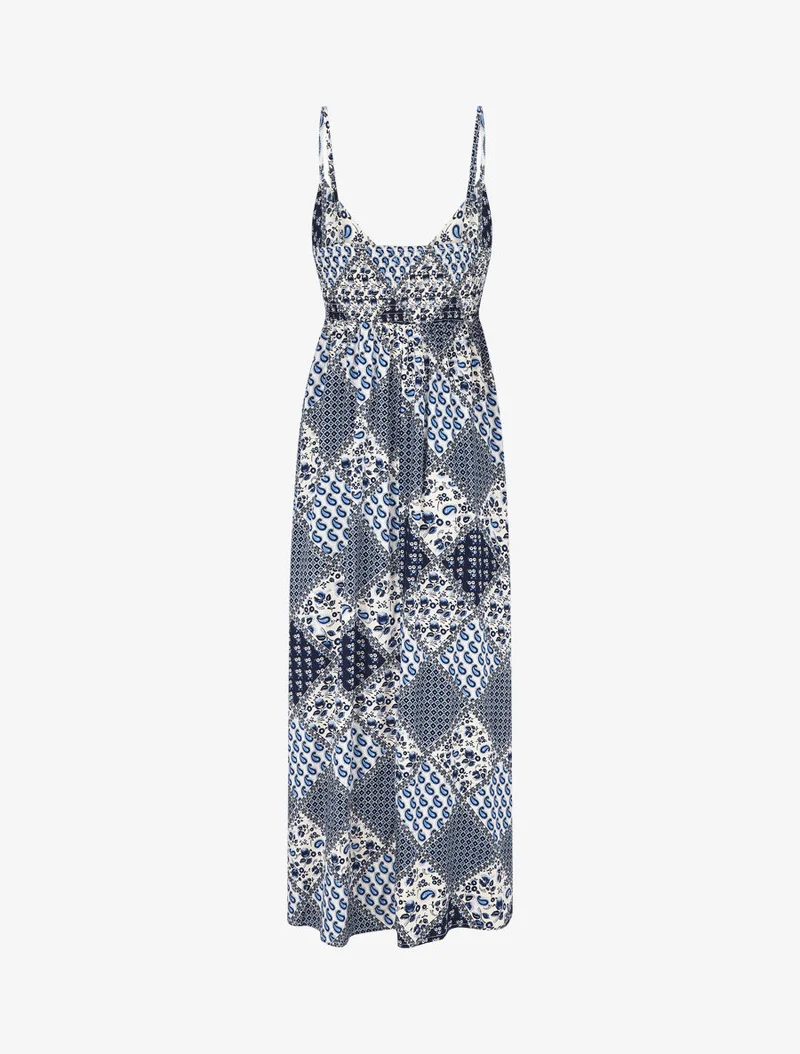 Robe longue à fines bretelles imprimé foulard - Bleu