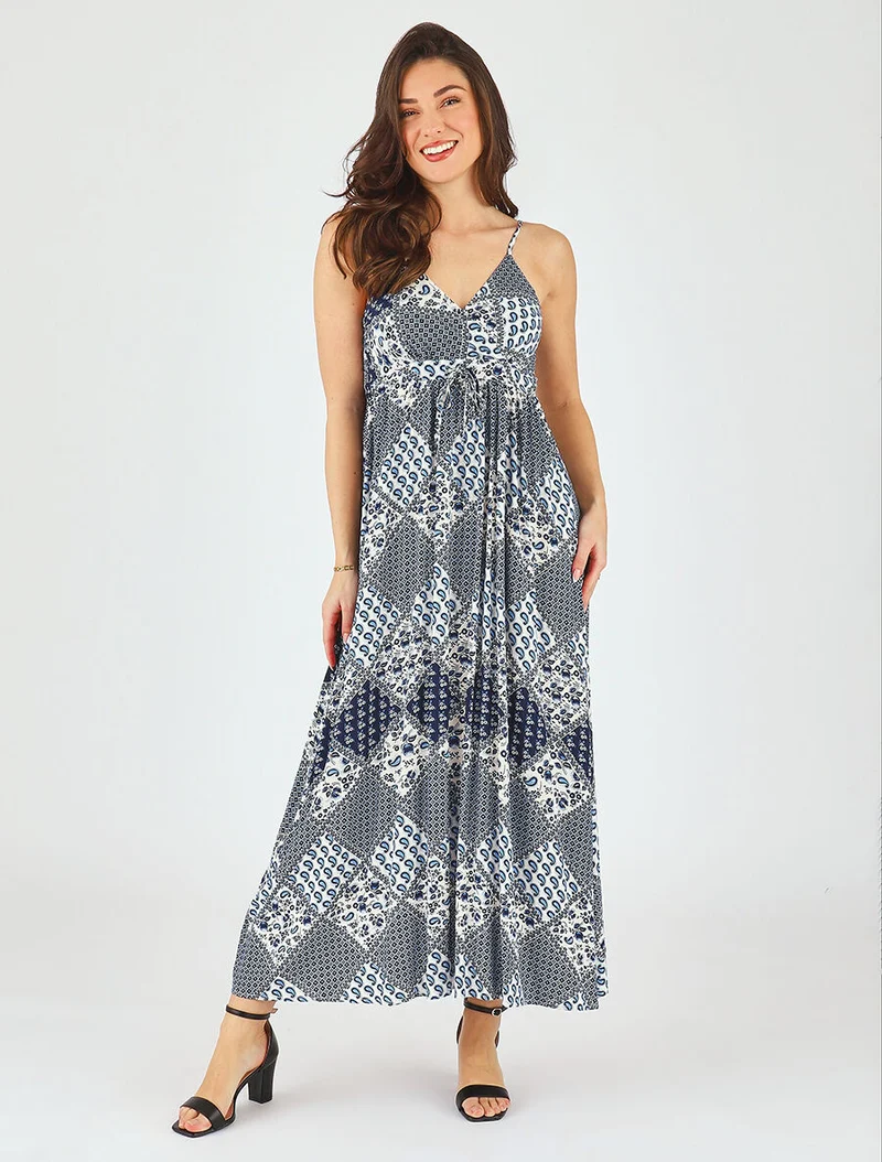Robe longue à fines bretelles imprimé foulard - Bleu
