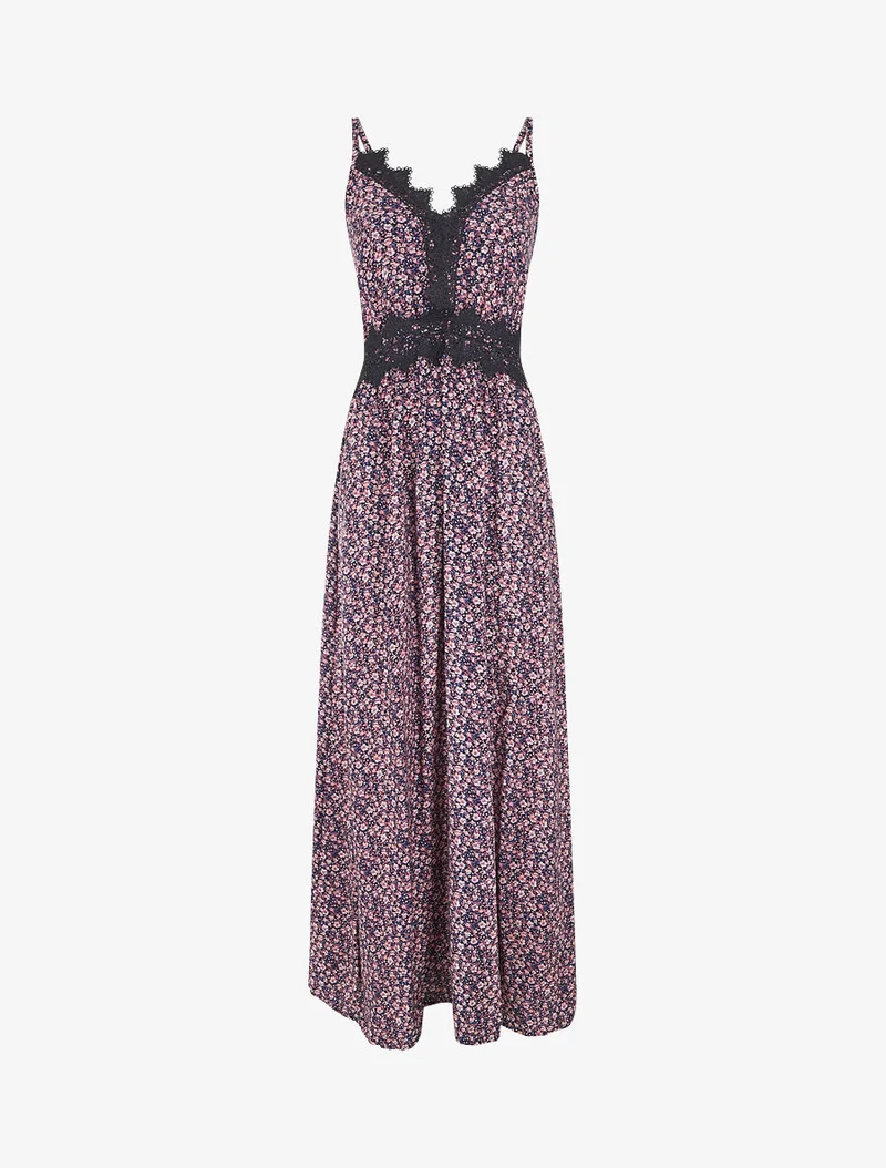 Robe longue petites fleurs à detail broderies - Marine