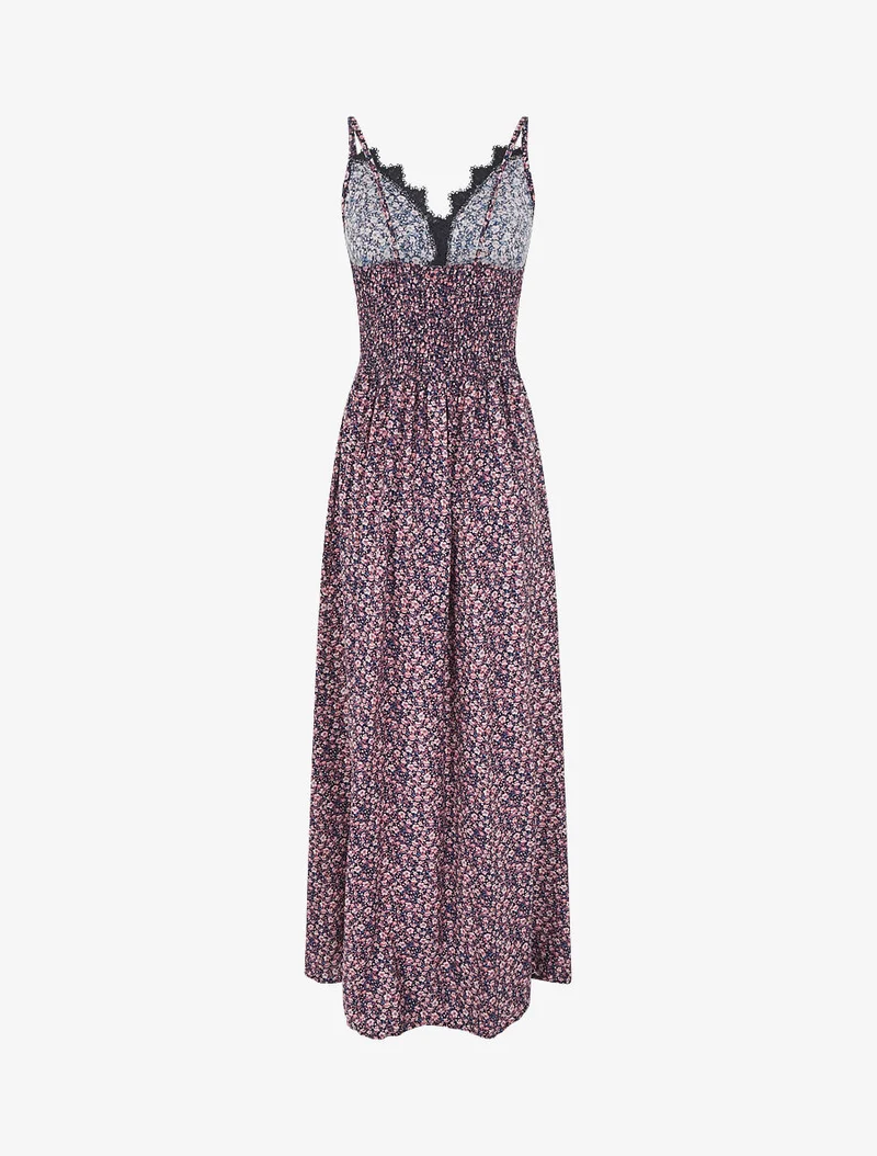 Robe longue petites fleurs à detail broderies - Marine