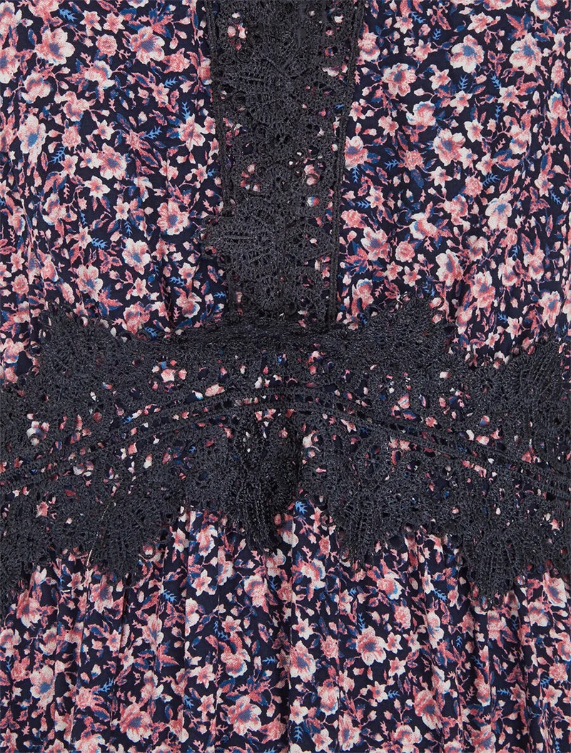 Robe longue petites fleurs à detail broderies - Marine