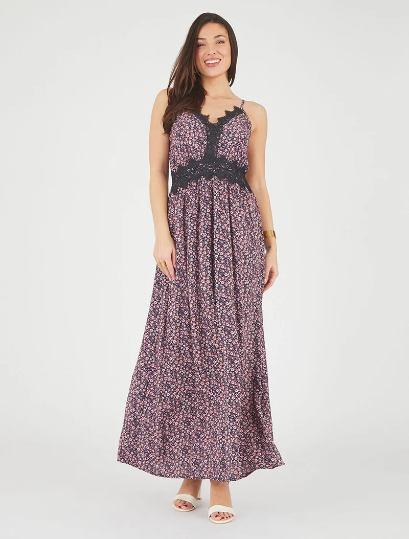 Robe longue petites fleurs à detail broderies - Marine