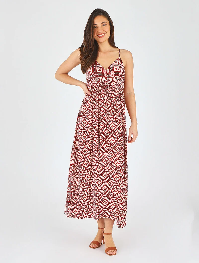Robe longue à fines bretelles imprimé graphique - Rouge