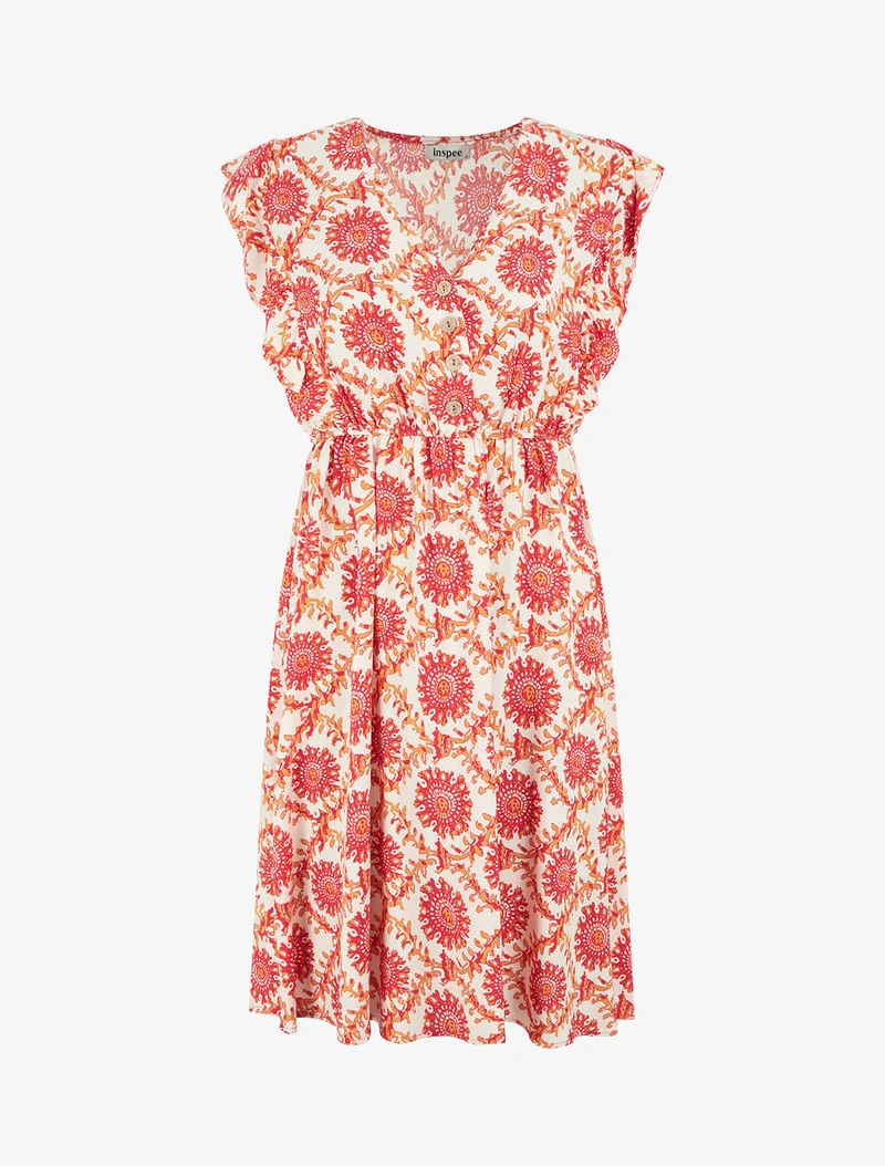 Robe mi-longue imprimé foulard à cordons de serrage - Rouge