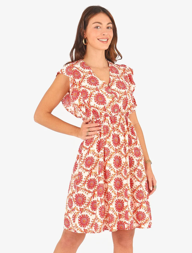 Robe mi-longue imprimé foulard à cordons de serrage - Rouge