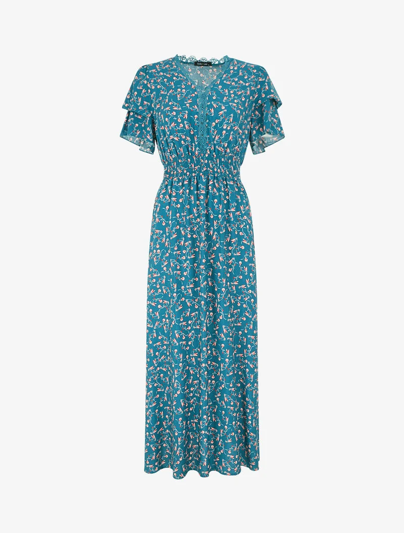 Robe longue élastiquée imprimé fleuri - Bleu canard