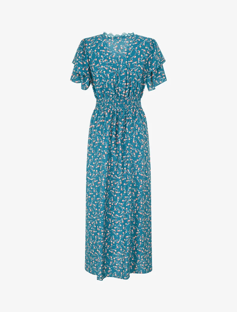Robe longue élastiquée imprimé fleuri - Bleu canard