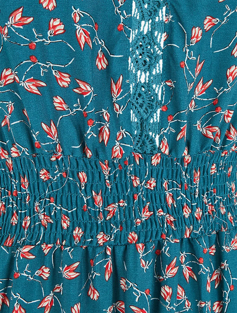 Robe longue élastiquée imprimé fleuri - Bleu canard