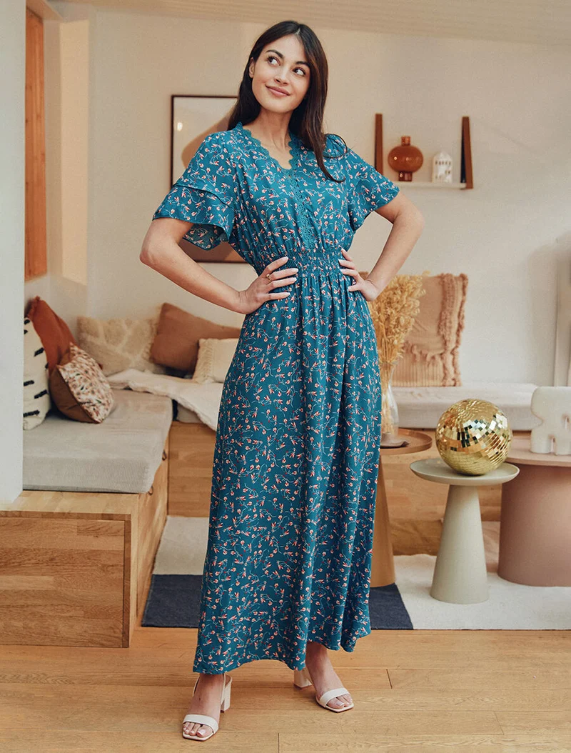 Robe longue élastiquée imprimé fleuri - Bleu canard