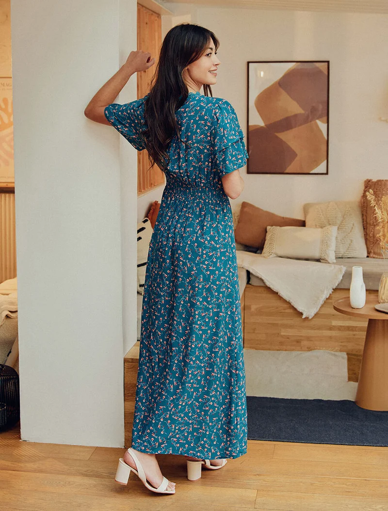Robe longue élastiquée imprimé fleuri - Bleu canard