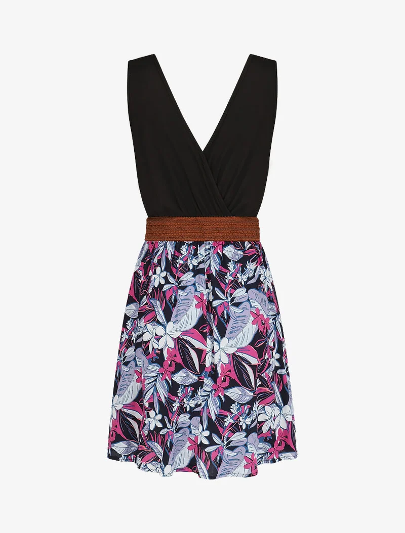 Robe élastiquée à jupe imprimé fleuri - Rose